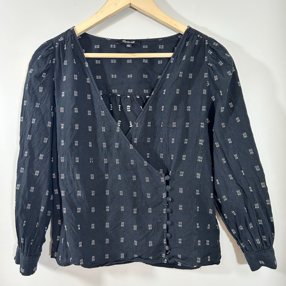 Madewell Womens XXS Kinston Side Button Wrap Top Textured Dobby Black Shirt